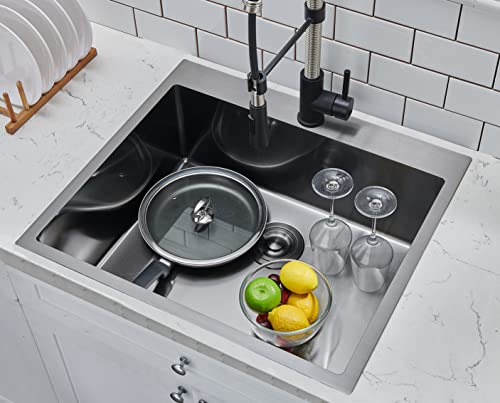 Image of SHACO 22x18 Inch Drop In Black Bar Sink, 22 Inch Gunmetal Black Outdoor RV Laundry Utility Sink, Stainless Steel 16 Gauge Single Bowl Prep Small Kitchen Sink with Strainer Drain