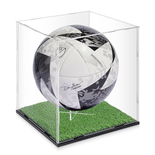 Novabright Soccer Ball Display Case Transparent Acrylic Full Size Soccer Ball Display Holder with Grass Turf Self Assembly Acrylic Case Protection Dustproof Showcase