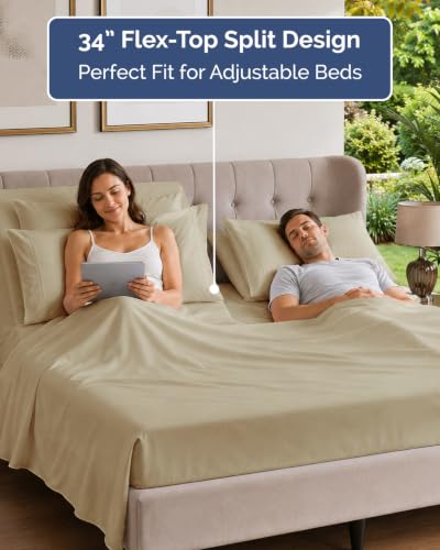 Image of Flex Top Split Head King 6 Piece Sheet Set - Breathable & Cooling - Beige