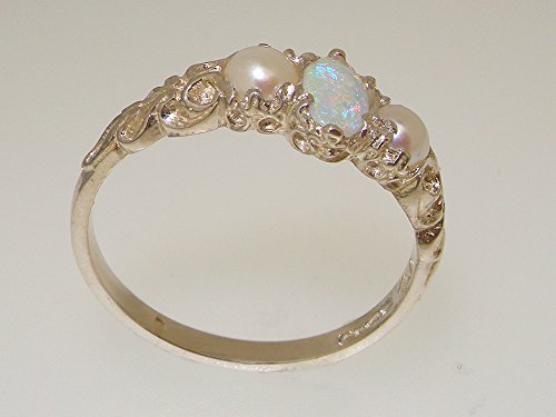 925 Sterling Silver Real Genuine Opal & Cultured Pearl Womens Trilogy Engagement Ring - Size 6 #TOP3