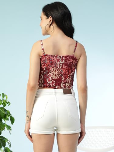 Image of oxolloxo Women Satin Chiffon Print V-Neck Smocked Shoulder Strap Sleeveless Tie-Up Detail Crop Top
