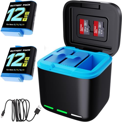 Image of Battery Charger Kits for Hero 12 /11 /10 /9, 2-Pack 2000mAh Battery | 3-Channel Fast Charger Fully Compatible with GoPro Hero 12, Hero 11, Hero 10, Hero 9 Black Official with Micro SD Card Slot