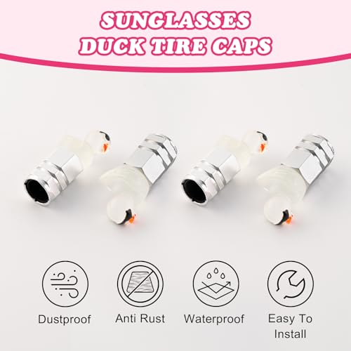 4Pcs Duck Tire Valve Caps, Funny Sunglasses Duck Valve Stem Caps Covers for Wheels, Decorative Cute Tire Valve Caps for Car Accessories (Hexagon Duck Silver)