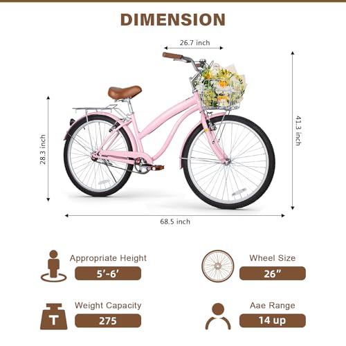 Image of WEIZE Beach Cruiser Bike, 24 26 inch Commuter Bicycle for Adult Men and Women, Front & Rear Fenders, Comfortable City Bikes with Rear Rack&Basket, Ergonomic Upright Design