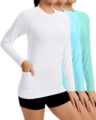 Janmercy 3 Pack Rash Guard for Women UPF 50+ SPF UV Sun Protection Swim Shirts Long Sleeve Workout Tops with Pockets