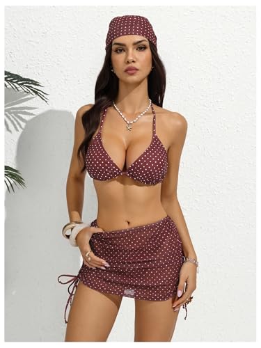Image of RoseSeek Women's 4 Piece Polka Dots Bathing Suits Cover Up Skirt & Bandana