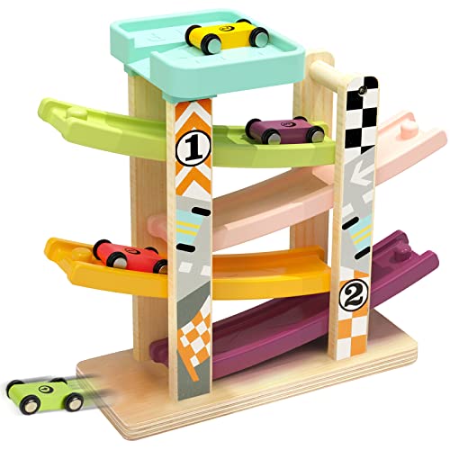 TOP BRIGHT Wooden Car Ramp Toy 1 2 Year with 4 Mini Cars Assembly Required