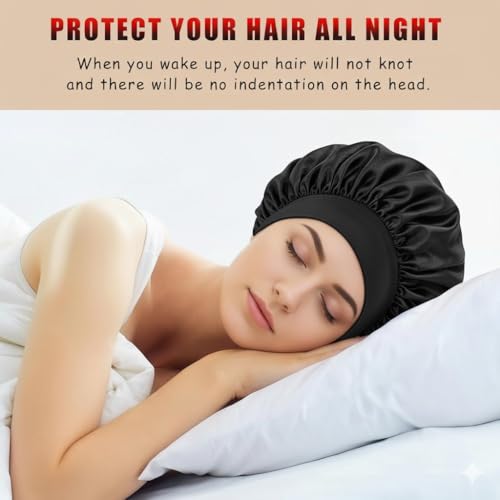 Image of Silk Bonnet for Hair with 3 Scrunchies, Adjustable Silk Hair Cap for Sleeping, Satin Bonnet for Curly Hair, shower cap with Wide Elastic Tie Band (Black)