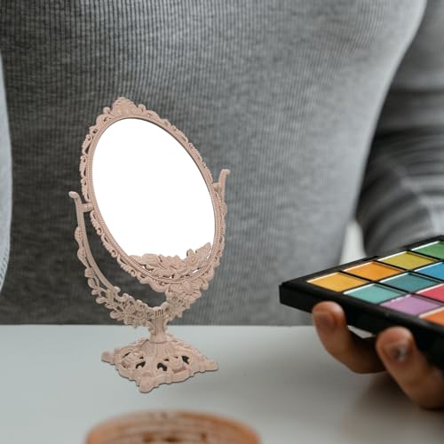 Garneck Tabletop Swivel Vanity Makeup Mirror Double Sided Retro Vintage Cosmetic Vanity Mirror for Bathroom Bedroom Dressing Table,Beige,37X23CM - Image 4