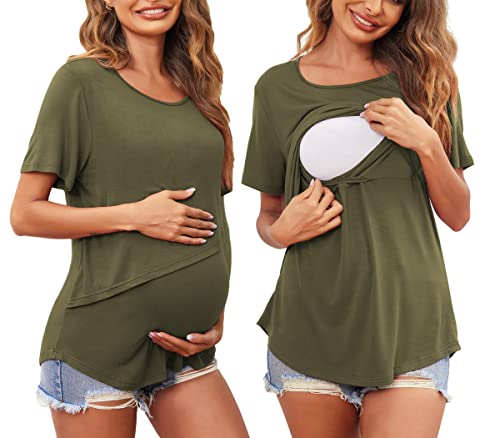 Image of 3 Pack Women Nursing Tops Short Sleeve Breastfeeding Shirts Maternity Tees | Lightweight Pregnancy T-Shirts, Double Layer Nursing Design, Best Gift for Mom, Classic Round Neck Blouse, Mom Outfit Wear
