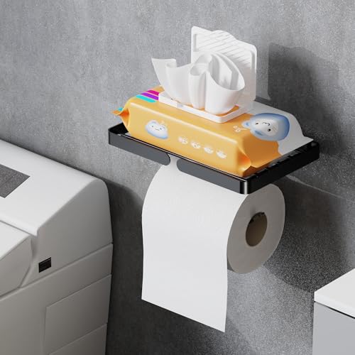 AIDILI Black Metal Toilet Paper Holder Drill Free Holder Wipes Stick On Wall Self Adhesive Rustproof