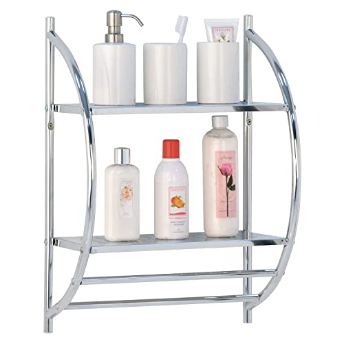 Taylor & Brown 2 Tier Modern Chrome Wall Mounted Curved Bathroom Shelf Shelving Unit With Double Towel Holder Storage Rail Rack - W44 x D25 x H54.5cm