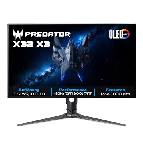 Acer Predator X32 X3 Gaming Monitor 31.5 Inch (80 cm Screen) 4K (UHD), OLED, 240Hz, 0.01ms (PRT)/0.03ms (GTG), 2xDP 1.4, 2xHDMI 2.1, Type-C 90W, USB HUB, Height-Adjustable, FreeSync Premium Pro