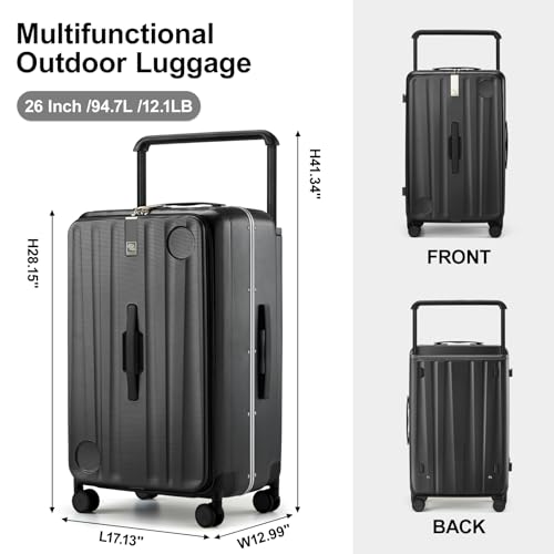 Image of Hanke Multifunctional 26 Inch Hard Shell Suitcases with Wheels Travel Approved Luggage Large Rolling Suitcase Checked Luggage for Women Men(Jet Black)