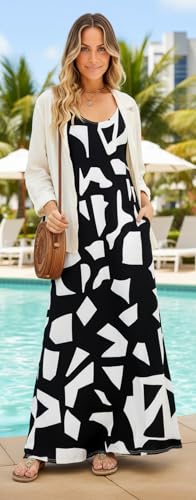 Image of Supnier Women's Summer Maxi Dress Casual V-Neck Sleeveless Bohemian Spaghetti Strap Floral Long Maxi Dress with Pockets