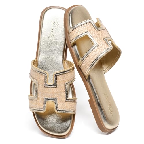 Image of NianEr Womens Microfiber Leather Memory Foam H Sandals Summer Shoes Slides | Flat, Comfortable, Slip On, Dressy, Dress, Beach, Vacation, Designer, Comfy, Casual, Bridal, Church, Boho, Office, Work
