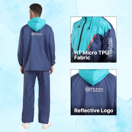 Image of Citizen Hooded Raincoat for Men Women Waterproof for Bike Riders HT Micro TPU Fabric Lightweight Stylish Sealed Hood, Large Pockets, Heavy-Duty Zippers Rainwear with Carry Pouch-CR019