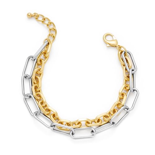 Two Tone Bracelets for Women Silver and Gold Bracelets Gold Plated Two Layering Link Beacelet Minimalist Trendy Jewelry