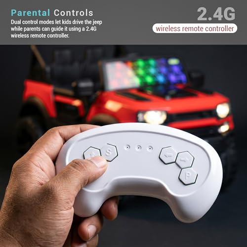 Image of Baybee RoverX Battery Operated Jeep for Kids with Parental Control | Baby Ride On Electric Car with RGB Lights, Music & Swing Mode | Rechargeable Battery Car for Kids 2 to 6 Years Boys, Girls (Red)
