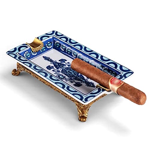 Cenicero De Cigarro Retro Europeo Patrón De Porcelana Azul Y Blanca Chimenea De Cobre Base Tallada Grandes Adornos Decorativos (Color : Blue, Size : 18 * 10 * 4.5cm) Cover