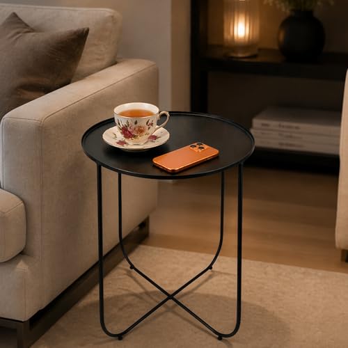 Image of Metal Side Table for Living Room | End Table, Coffee Table, Bedside Table, Plant Stand for Indoor Outdoor |Round Metal Table, Sofa Side Table (Anti -Rust) | No Assembly Required | Black