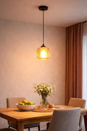 Image of Modern Glass Hanging Pendant Light with E27 Holder | Warm Yellow Glow Decorative Ceiling Lamp for Living Room, Bedroom, Dining Area, Cafe & Restaurant