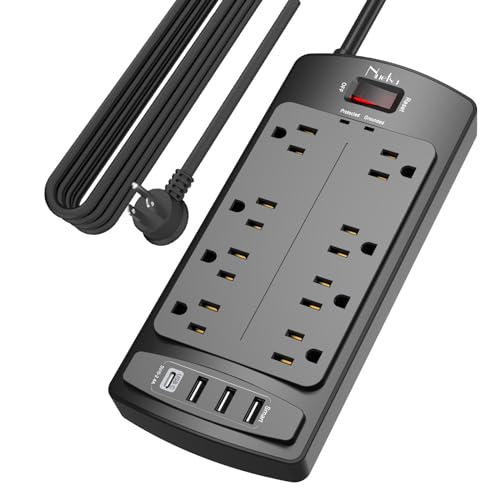 Image of Surge Protector Power Strip - Nuetsa Flat Plug Extension Cord with 8 Outlets and 4 USB Ports, 15 Feet Power Cord, 2700 Joules, ETL Listed, Black