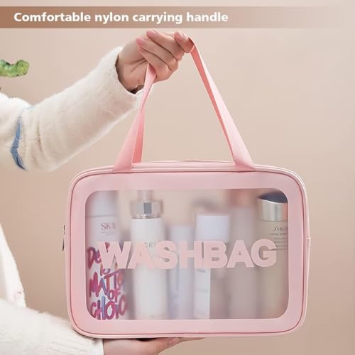 Image of KASHIVAL 3-Piece Clear Travel Toiletry Bags Set, Waterproof Transparent Makeup Organizer Pouches with Zipper, Large Medium Small Cosmetic Storage Cases with Carrying Handle (Pink)