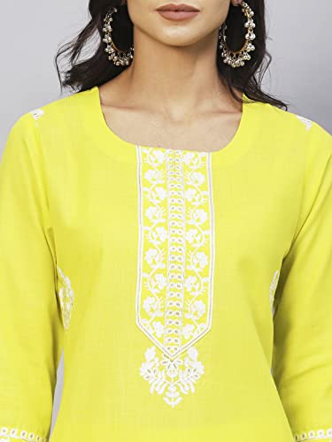 Image of GoSriKi Women's Cotton Blend Straight Embroidered Kurta with Pant & Dupatta