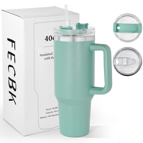 FECBK Vaso de 40 onzas con asa y popote, taza de viaje 100% a prueba de fugas, taza de café aislada al vacío de doble pared de acero inoxidable que mantiene el frío durante 34 horas, apto para