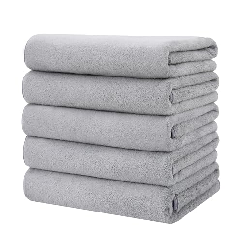 バスタオル 大判 ホテル仕様 タオル マイクロファイバー 5枚セット ふわふわ 吸水 速乾 耐久性 家庭用 サロン ジム サウナ バス用品 業務用 (シルバーグレー)