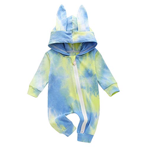 Baby Boy Girl One-Piece Outfit Tie Dye Hoodie Romper Bodysuits Bunny Jumpsuit Fall Winter Clothes Set (Blue-Green, 3-6 Months)