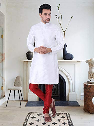 Image of HUZUR Men's Silk Solid Straight Long Kurta Pyjama Set| Ethnic Wear