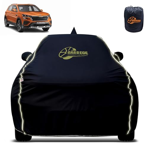Image of Reflector Waterproof Car Cover for Skoda Kushaq with Mirror & Antenna Pocket | All Weather Protection | Washable Fabric | Black Color