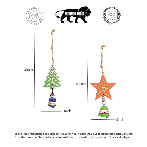 Image of Aakriti Art Creations Festive Star & Tree Wind Chime Duo | Handmade Modern Art Wooden & Metal Wind Chimes | Decorative Indoor & Outdoor Hanging for Balcony, Garden, Living Room & Gifting