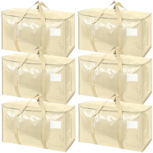 Image of TICONN 6 Pack Extra Large Moving Bags Heavy Duty with Zippers & Carrying Handles, Durable Storage Bags Moving Boxes for Closet Organizers and Storage (6 Pack, Cream)