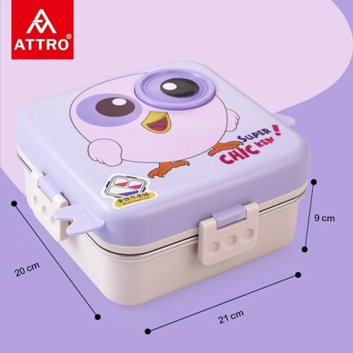 Image of ATTRO Carnival Super Birdy Lunch Box 2 Layer Stainless Steel Lunch Box Comes with 1 Detachable Tray, 1 Small Container & 1 Spoon Ideal for Kids BPA Free 1120ml+70ml- Snow Blue