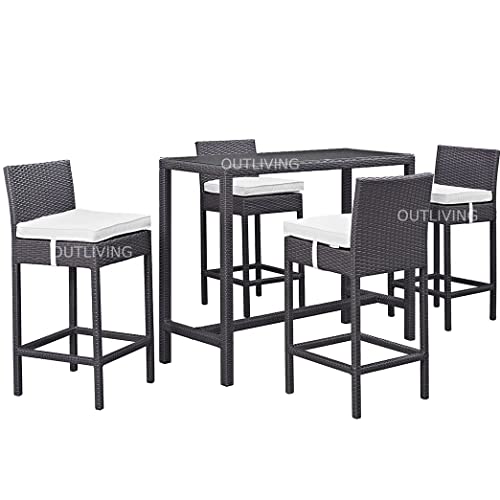 Image of OUTLIVING Rattan Wicker Outdoor Bar Patio Table with 4 Chairs Set for Home Graden Balcony 4 Seater High Bar Patio Furniture Table and Chairs - (White Cushion, Brown)
