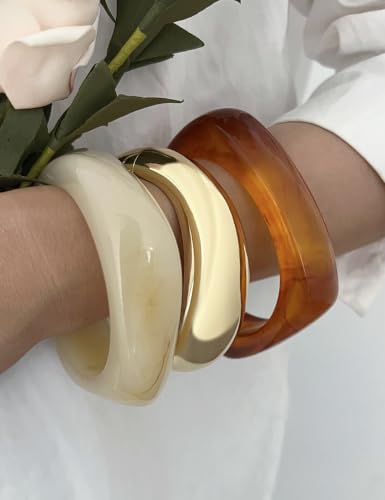 Image of Chunky Gold Bangle Bracelets for Women, Dainty 14k Gold Plated Big Stackable Bangles Set, Trendy Statement Cuff Bracelet Stack Fashion Jewelry Gifts