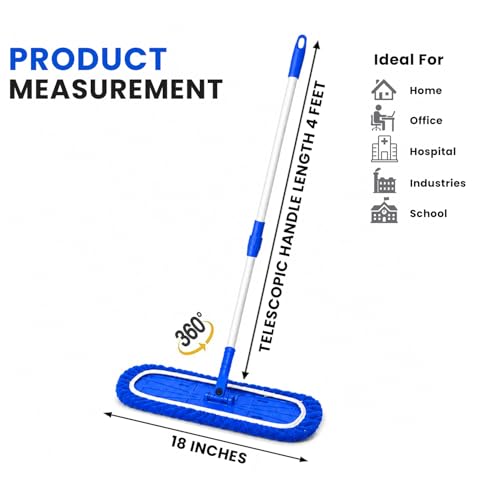 Image of Zureni 4 ft Microfiber Flat Mop with Long Adjustable Telescopic Handle Replaceable Wet and Dry 360 Degree Floor Pocha Cleaning Tool for Home and Kitchen (18 inch Head and 3 Extra Refill, Blue)