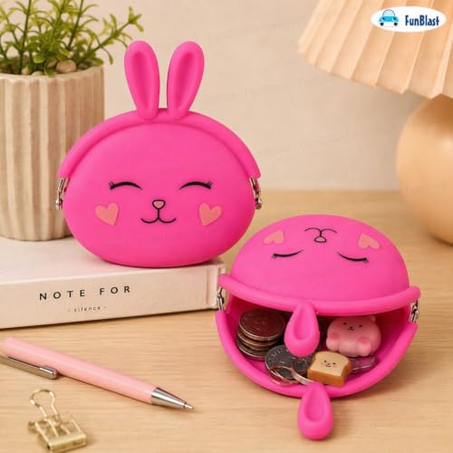 Image of FunBlast Cute Bunny Shape Silicone Coin Purse for Kids & Adults - Mini Pouch for Coins, Earphones, Keys & Small Essentials, Aesthetic Pouches for Girls & Women - 12 X 9.5 X 3 Cm (Bunny-Dark Pink)