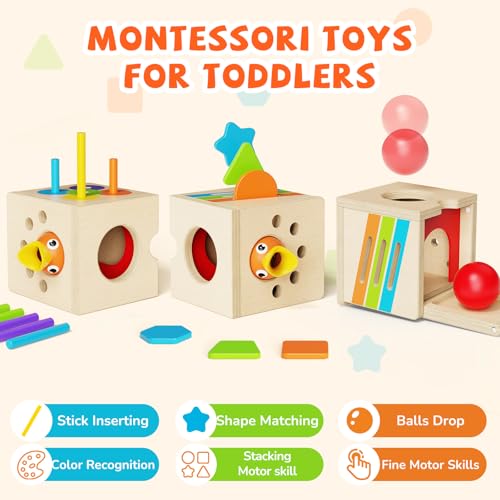 Image of 5-in-1 Wooden Activity Cube, Toddlers Montessori Toys for Baby Boys Girls, Baby Activity Center for 2+ Year Old, Woodpecker Worm Toy Magnetic Bird Feeding Game, Educational Color & Shape Sorting Toy