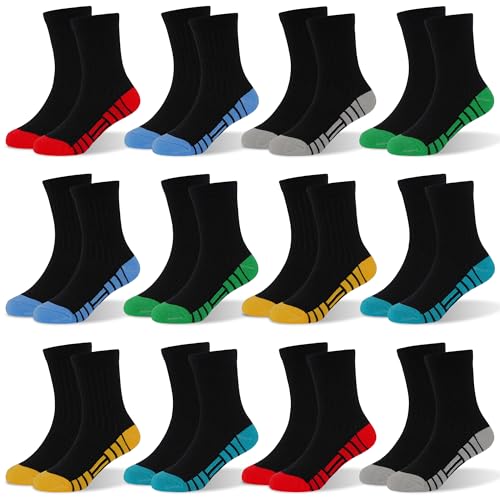 SPTRAMLE 12 Pairs Boys Crew Socks, Kids Athletic Socks for Toddler Boys (7-10 Years) Calf Cotton Sock School Running Sports