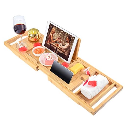 Bathtub Tray Bamboo Bathtub Caddy Tray Expandable with Book Holder for Luxury Bath, Organizer Bath Table-Holds Book, Wine, Phone, Ipad, Laptop (Natural-1)
