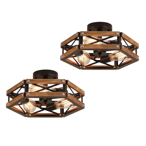 2 Pack 3-Light Rustic Farmhouse Wood Flush Mount Ceiling Light Fixture Oak Wood and Metal Cage Semi...