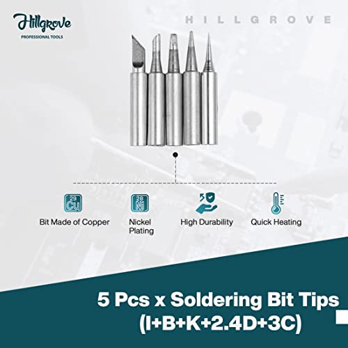 Image of Hillgrove 60W Temperature Controlled Soldering Iron Kit with Solder Wire and Interchangeable Tips Conical Flat Pointed Round for Electronics Repair DIY Professional Use (4-in-1)