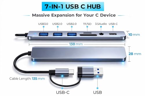 Image of Primate 8-in-1 USB-C Hub with Dual USB & Type-C Connectors, AUX Port, USB 3.0 /2.0, SD & microSD Card Reader, Data Transfer Adapter for Laptop, MacBook & PC
