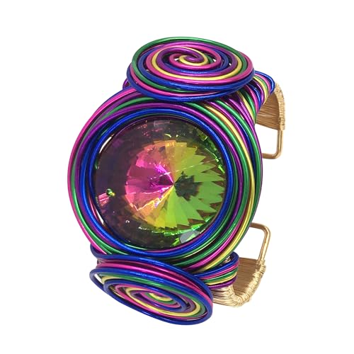 RUIYIMING Chunky African Bracelets For Women Colorful Gold Wire Wide Sparkly Rhinestone Bangle Tribal Fashion Clothes Jewelry (A Bracelet Colorful)