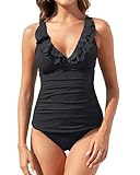 Yonique Womens Two Piece Swimsuits Ruffle Flounce Tankini Tummy Control Bathing Suits V Neck Swimwear Black XL