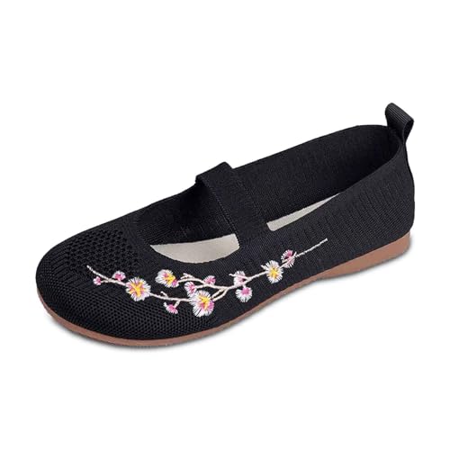 Women's Embroidered Mesh Ballet Comfortable Casual Mary Jane Shoes for Walking Daily Outfits
